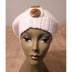 Hand-Made - Knitted Winter Beanie Beret Three Button Knit Hat - One-Size  White